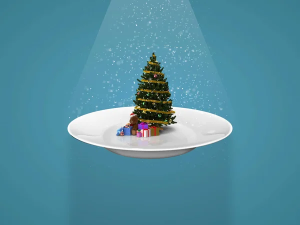 Dekorativní Vánoční Stromek Dárkovými Krabicemi Bílém Talíři Modrém Pozadí Oblohy — Stock fotografie