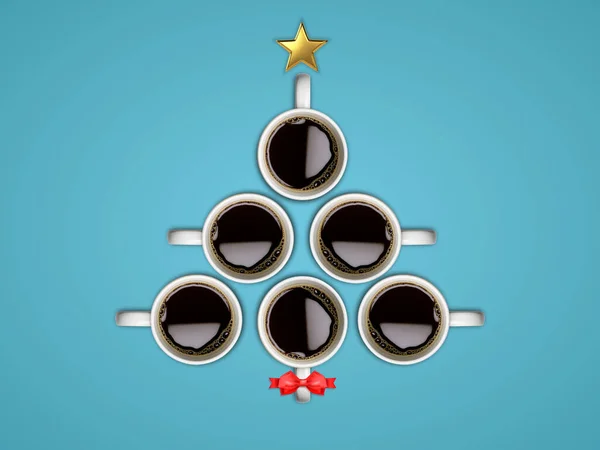 Vánoční Strom Vyroben Šálků Kávy Modrém Pozadí — Stock fotografie