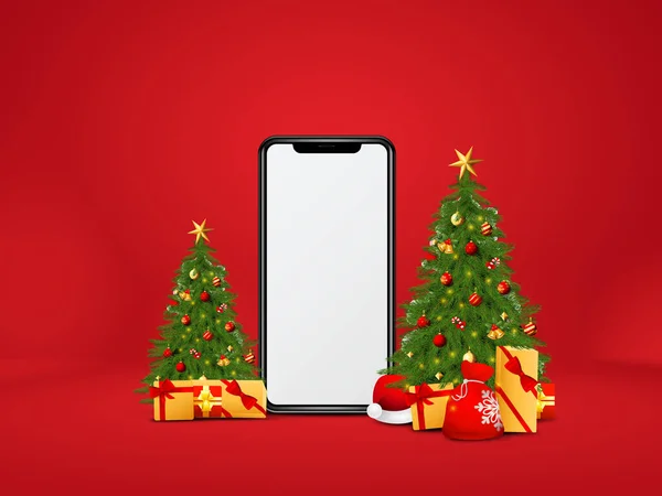 Рождественские Платья Чистым Мобильным Экраном Красном Фоне Рождество Онлайн Торговый — стоковое фото