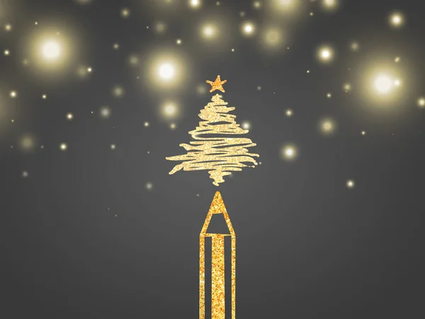 Christmas tree draw with golden pencils on grey background, Christmas Day, Christmas Tree and Celebration Illustration