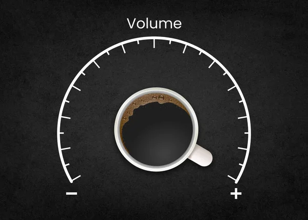 Hand drawn Fuel gauge scale with cup of coffee pointing at full mark over black background.