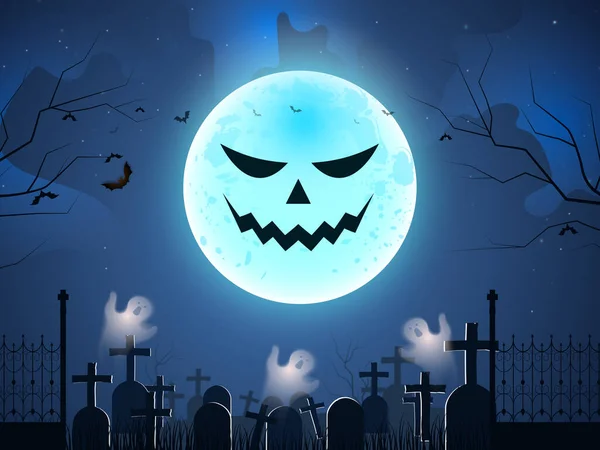 Pumpkins In Graveyard In The Spooky Moon Night - Halloween Backdrop.