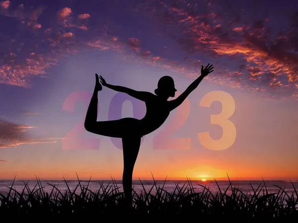 Woman doing exercise silhouette, 2022, 2023 and new year greetings background.