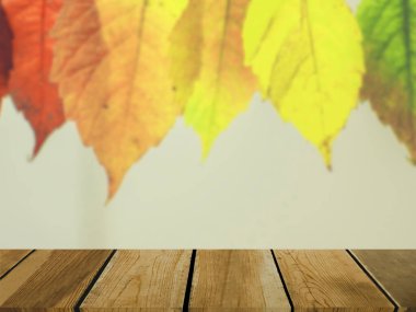 Renkli yaprakların soyut bulanık arkaplanının önündeki ahşap tablo resmi.