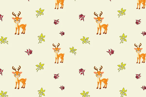 Watercolor baby deer and flowers background. Woodland seamless pattern with cute animals. Hand painted nature illustration for nursery design, fabrics, textile.