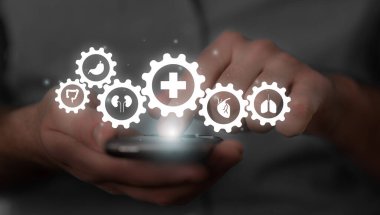 Doktor hold virtual plus medikal ağ bağlantı simgeleri, sağlık merkezi, doktorlar ve ilaç ekranı