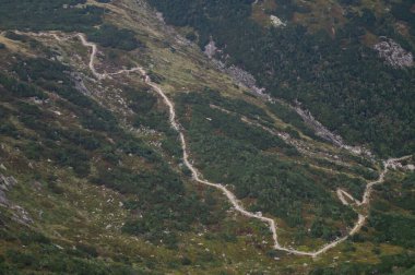Polonya ulusal parkında yürüyüş yapan dev dağlar Polonya Karkonoski parkı Narodowy Polskie Avrupa 'da açlık içinde yürüyüş dağlarda sisli ufukta 
