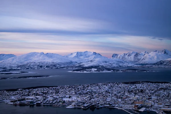 Vista Nocturna Desde Cima Montaña Tromso Noruega Círculo Polar Invierno — Foto de Stock