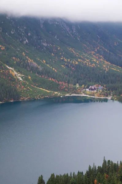 Morskie Oko 'nun mistik görüntüsü: Sisli bir günün havasını yakalayan resim, sonbahar yapraklarının canlı renkleriyle güzel bir şekilde zıtlaşan sisli dağ yüzlerini vurguluyor.. 