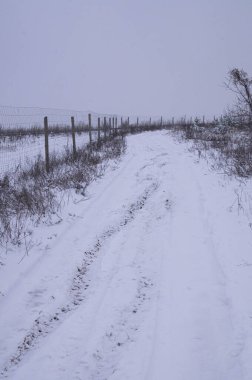 Issız bir patika, kırsal bir çitle kaplı karla kaplı bir araziyi kesiyor. İzler karlı bir patika boyunca tel örgülerle çevrili bir hikaye dokuyor. Gri bir kış gökyüzünün altındaki karlı patikanın sessiz sessizliği.