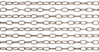 Üst üste binen altın zincir bağlantılarının yüksek çözünürlüklü görüntüsü, güç, bağlantı ve değer temaları beyaz arka planda iletiliyor.