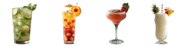 Şeffaf bir arkaplanda mojito, meyve kokteyli, çilekli daiquiri ve pia colada ile serinletici ve renkli bir yaz kokteyli koleksiyonu.