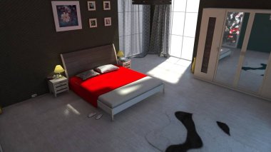 Contemporary bedroom featuring a red bedspread, framed art, and natural sunlight through large windows onto a minimalist floor. clipart