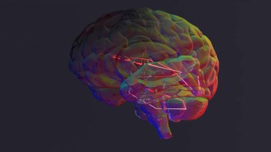 Neon geometrik yapılara sahip bir insan beyninin soyut dijital çizimi, yapay zekayı, nöral ağları, bilişsel gerginliği, stresi ve zihinsel işlemeyi sembolize eder..