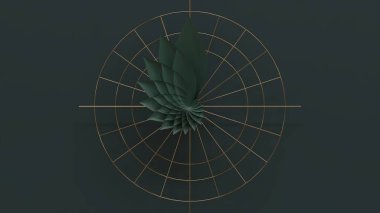 Abstract composition of spiraling green leaves within a gold grid, merging natural elements with geometric precision in a sophisticated minimalist design. clipart