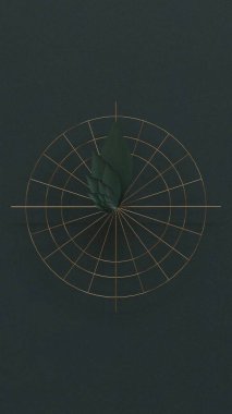 Vertical abstract artwork with layered green leaves centered in a gold radial grid on a dark background, combining organic shapes and geometric precision. clipart