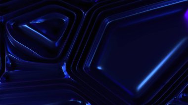 Metalik boya efekti ve yansımaları olan mavi katmanlı geometrik zemin, dijital akışkanlığı modern soyut sanat öğeleriyle harmanlıyor..