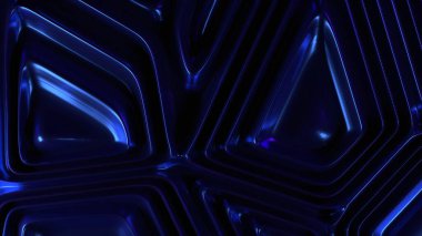 Metalik boya efekti ve yansımaları olan mavi katmanlı geometrik zemin, dijital akışkanlığı modern soyut sanat öğeleriyle harmanlıyor..
