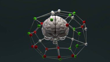 Şenlikli 3D beyin modeli, bir ağ tarafından birbirine bağlanmış, zihinsel sağlığı, verimliliği ve tatil ruhunu sembolize eden kırmızı ve yeşil düğümlerle çevrili..