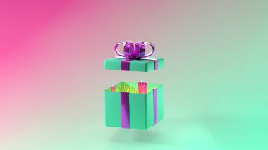 Parlak mor kurdeleli yeşil hediye kutusunu ve pastel pembe ve yeşil eğimli arka planda parlayan soyut içerikleri aç.