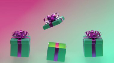 Açılışın çeşitli aşamalarında parlayan mor kurdeleli yeşil hediye kutularının toplanması, pastel pembe ve yeşil eğimli arka planda sergilenir.