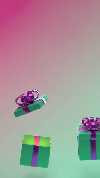 Dikey Noel temalı yeşil hediye kutuları. Açılışın farklı aşamalarında parlak mor kurdeleler. Pembe ve yeşil eğimli arka planda düzenlenmiş.