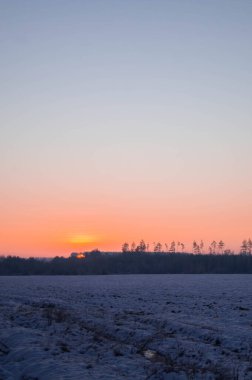 Güneşin doğuşuyla karla kaplı bir tarla. Buzlu ağaçlar ve canlı turuncu bir ufuk. Kış sabahının erken saatlerinin huzurunu yakalıyorlar..