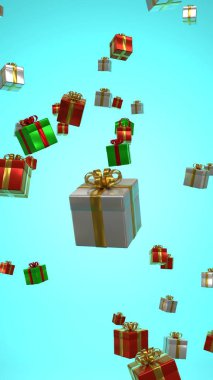 Colorful Christmas presents with bows suspended mid-air on a turquoise background, evoking a cheerful holiday spirit. clipart