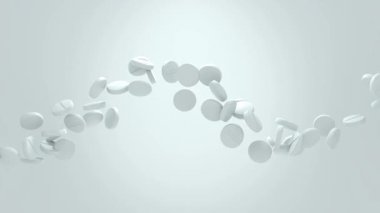 İlaç bilimi, tıbbi teknoloji ve sağlık yeniliğiyle ilgili, kontrollü hareket halinde yüzen beyaz hapların kusursuz döngüsü.