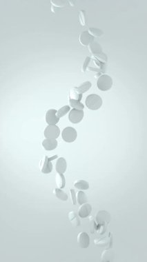 İlaç bilimi, tıbbi teknoloji ve sağlık yeniliğiyle ilgili, kontrollü hareket halinde yüzen beyaz hapların kusursuz döngüsü.