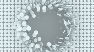 Merkezinde geniş bir delik olan beyaz hapların 3 boyutlu gerçekçi görüntülenmesi, kayıp ilaç, kıtlık ve tıbbi acil durumu temsil ediyor.