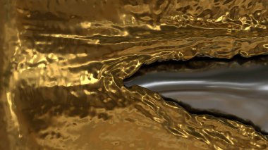 Zengin altın dokusu, yüksek kontrast dalgaları ve akışkan hareketleriyle parlak, koyu metal bir boşluğa dönüşür.
