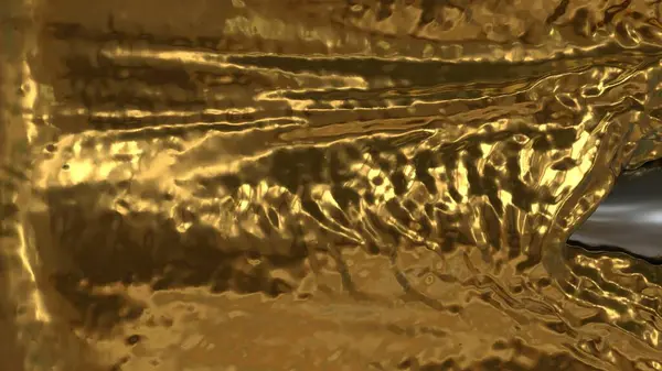 Sıvı hareketli son derece yansıtıcı altın dokusu sıcak tonlu soyut bir kompozisyonda dar bir gümüş damarda birleşiyor.