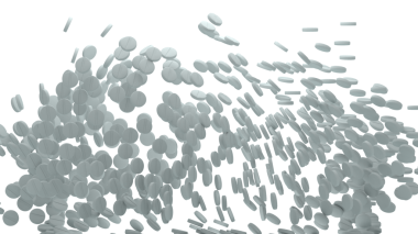 Alfa arkaplanına düşen hapların gerçekçi aralıklarla ve temiz bileşikler için hareket derinliğiyle eğimli dağılımı