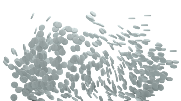 İzole edilmiş tıbbi varlıklar için temiz gölgeli ve şeffaf bir geçmişi olan büyük bir hap serpintisi.