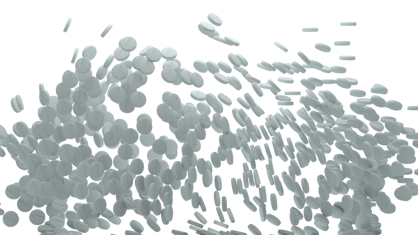 Alfa arkaplanına düşen hapların gerçekçi aralıklarla ve temiz bileşikler için hareket derinliğiyle eğimli dağılımı