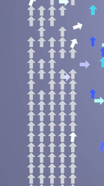 Üç boyutlu dikey çizim beyaz okları yeni yönlerde hareket eden birkaç renkli oklarla bir desen içinde gösteriyor