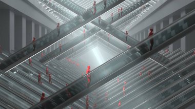 Gerçeküstü, fütüristik bir mimaride kırmızı insansı figürlerle tekrarlanan yürüyen merdivenlerin minimalist 3D canlandırması