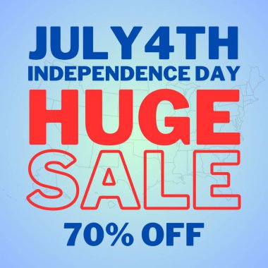 4 Temmuz Bağımsızlık Günü 'nde% 70 indirimli, koyu kırmızı ve mavi tipografi indirimli, Amerikan bayram pazarlaması, tanıtım reklamları ve web tasarımı için ideal..