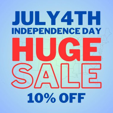 4 Temmuz Bağımsızlık Günü 'nde% 10 indirimli koyu kırmızı ve mavi tipografi indirimi olan büyük indirimli afiş, Amerikan tatil pazarlaması, tanıtım reklamları ve web tasarımı için ideal..