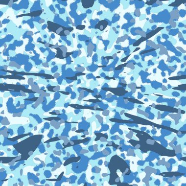 Yüksek kontrastlı mavi sıçrama tasarımı olan soyut kamuflaj, balıkçı kıyafeti, mobil kapaklar, perde ve duvar kağıtları, pazarlama görselleri ve modern sanatsal arka planlar için mükemmel..