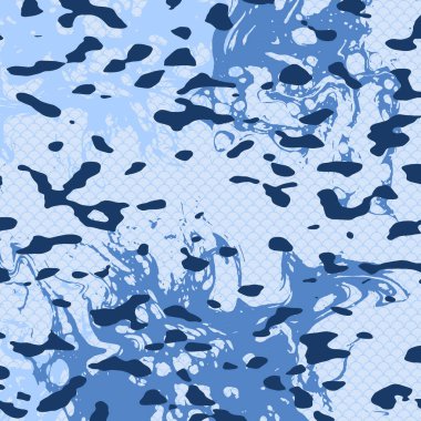 Yumuşak mavi ve gri soyut kamuflaj tasarımı sıvı mermer benzeri doku ve organik damla elementleri, masaüstü duvar kağıdı, perde baskısı, moda tekstili ve dijital pazarlama görselleri için idealdir..