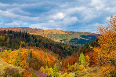 Sonbahar güneşli dağ manzarası bulutlardan gelen gölgelerle
