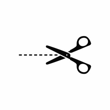 Beyaz arkaplanda kesik çizgileri olan makas vektör simgesi.