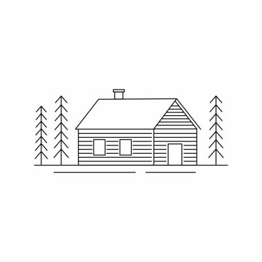 Pine Forest vektör illüstrasyonlu ev. Satır biçiminde el çizimi ev simgesi.