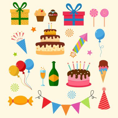 Vektör doğum günü partisi dekorasyon unsurları ayarlandı