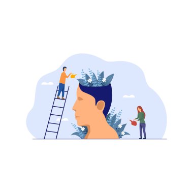 Zihinsel sağlık. İnsan kafası vektörünü sulayan minik insanlar.