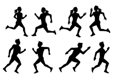 Koşu vektörü seti yapan bir erkek ve kadının silueti
