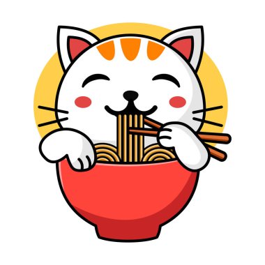 Tabak vektöründe makarna yiyen kedi logosu veya çizimi