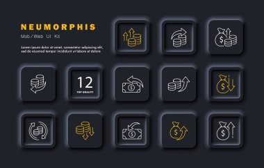 Para set simgesi. Transfer, işlem, para, ok, maaş, dolar, para, çanta, tasarruf, maliyet. Finansal yönetim kavramı. Neomorfizm tarzı. İş ve Reklamcılık için vektör satırı simgesi